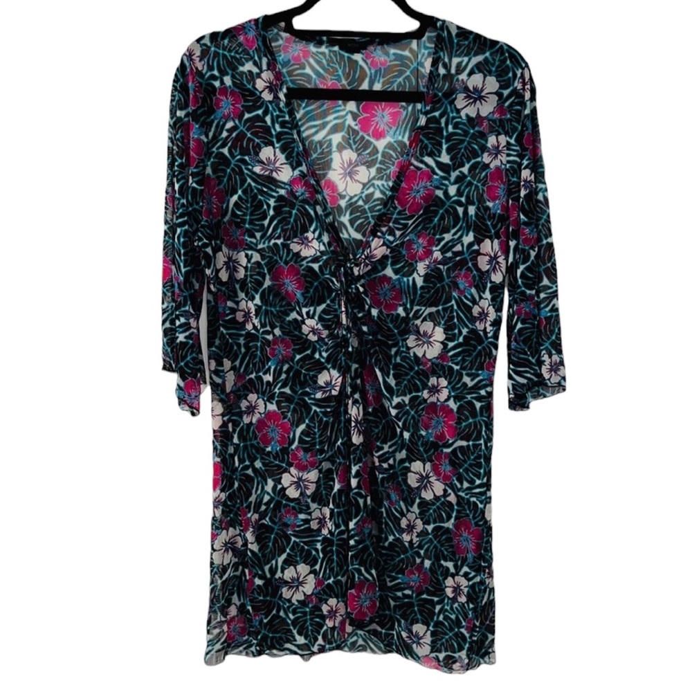 4/$40‎ TCM Black Pink Blue Tropical Floral Print Swimsuit  Coverup Dress